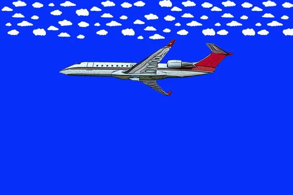 Illustration Eines Flugzeugs Auf Blauem Hintergrund Mit Weißen Wolken Stockbild