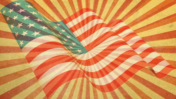 レトロな日の出の背景にアメリカ国旗のイラスト ストックフォト
