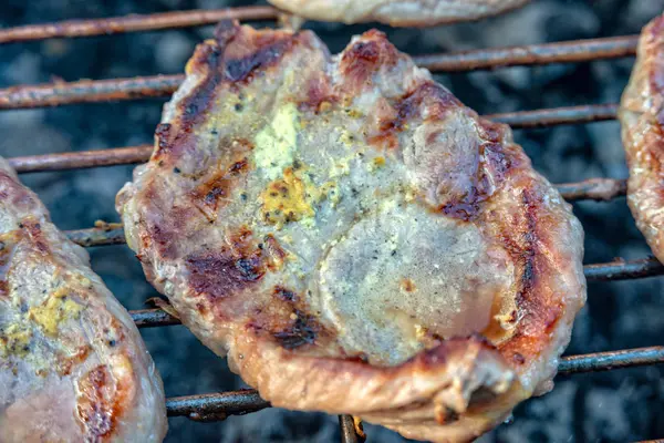 Mięso z cebulą i musztarda na grill — Zdjęcie stockowe