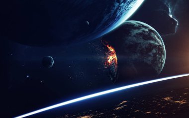 Gezegen Patlaması. Apocalypse. Zamanın Sonu. Bilim kurgu sanatı. Derin uzayın güzelliği. Bu görüntünün elementleri NASA tarafından desteklenmektedir