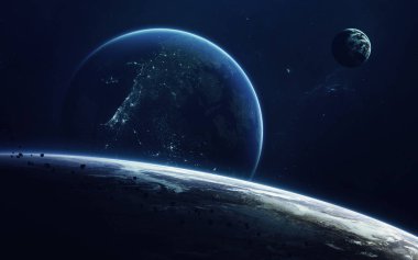 Uzayın derin hayal gücü, gezegenler, yıldızlar ve galaksiler sonsuz evrende Nasa tarafından döşenmiş bu görüntünün elementleri