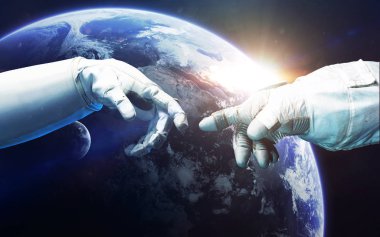 Uzayın derinliklerindeki küçük mavi gezegen Dünya. Bu görüntünün elemanları f