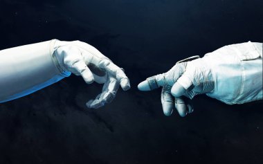 Uzayın derinliklerinde arka planda astronot elleri. Bunun unsurları 