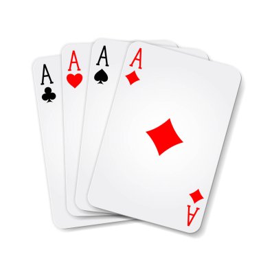 Beyazın üzerinde kağıt oynayan dört aslı poker eli.