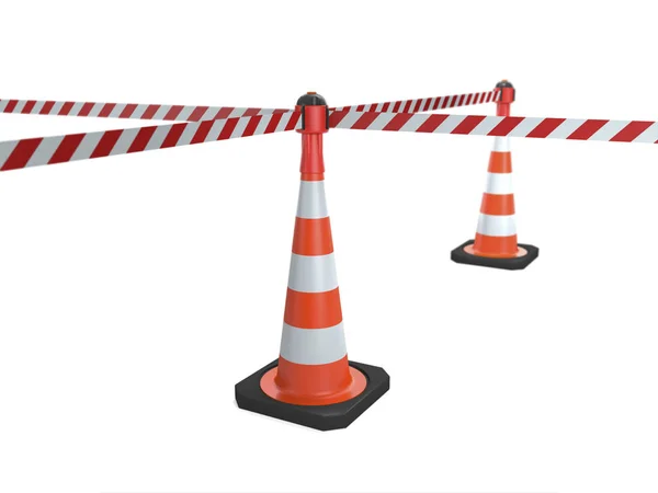 Cones de tráfego com fitas de parada (ilustração 3d ). — Fotografia de Stock