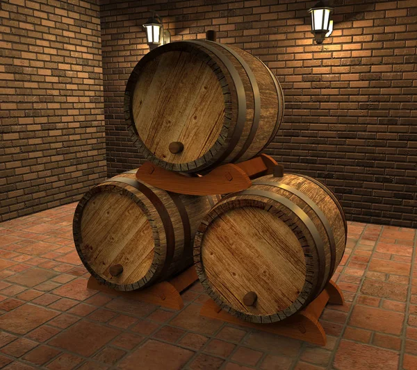 Old wine barrels in the basement (3d illustration). — Stock Photo, Image