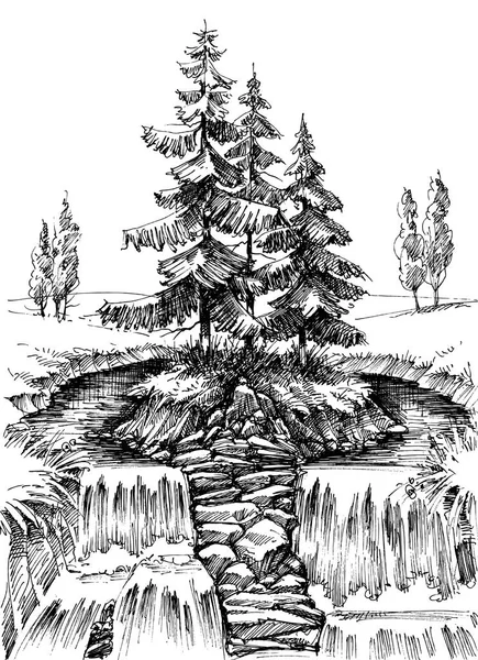 Альпийский Водопад Рисунок Горной Реки — стоковый вектор