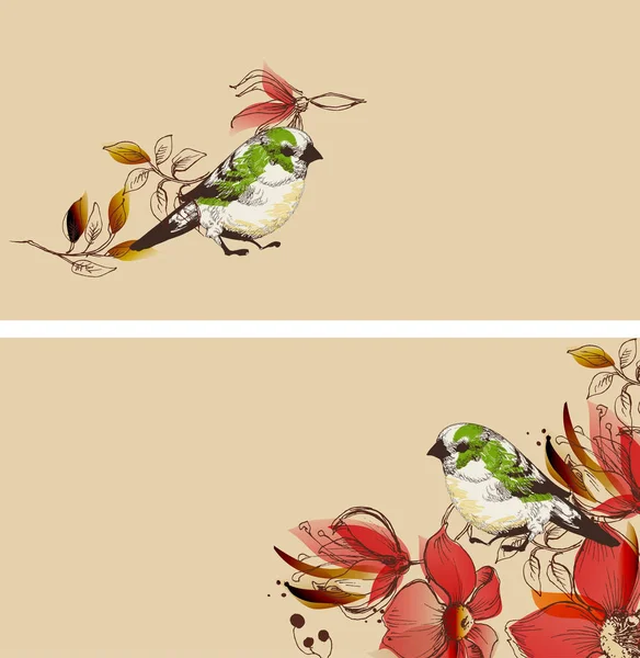 Květiny Roztomilé Ptáky Bannery — Stockový vektor