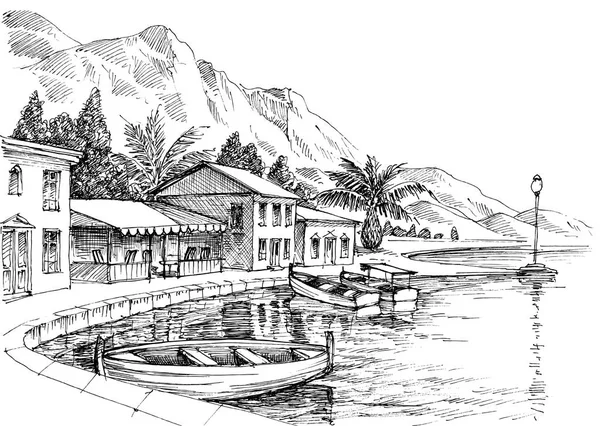 Портовый Рисунок Малые Здания Лодки Берегу — стоковый вектор