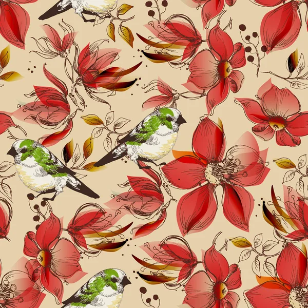 Red Flowers Seamless Pattern Cute Birds Print — Stock Vector