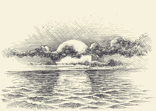 Закат Небо Спокойном Море Художественный Эскиз — стоковый вектор