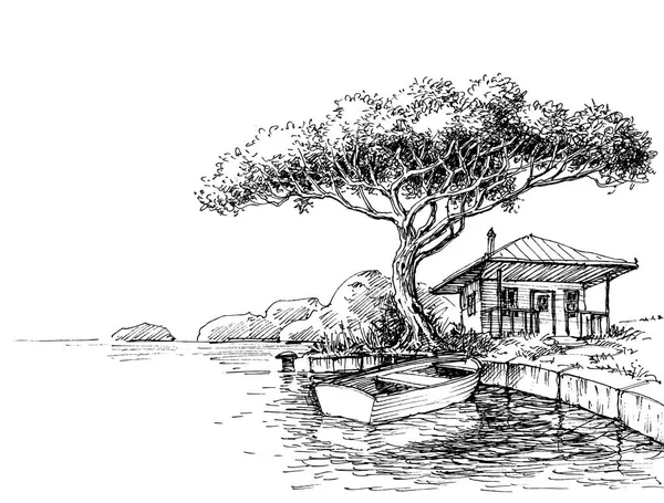 Desenho Lago Margem Rio Barco Chalé Costa —  Vetores de Stock