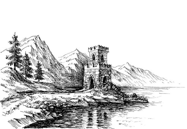 Старий Замок Березі Річки Краєвид — стоковий вектор