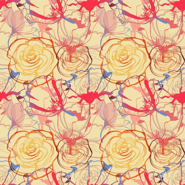 Motif Floral Sans Couture Roses Tulipes Imprimé Joyeux — Image vectorielle