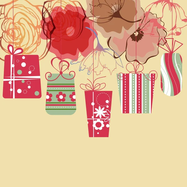 Hanging Gift Boxes Background Floral Decorative Design — Stock Vector