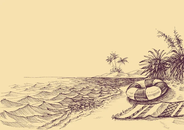 Παραλία Και Θάλασσα Σχεδίασης Πετσέτα Παραλίας Και Σωσίβιο Στην Άμμο — Διανυσματικό Αρχείο