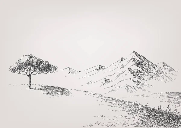 Dibujo Mano Del Prado Alpino Altas Colinas Montañas Fondo — Vector de stock