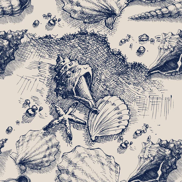 Пляжный Узор Моря Монохромный Графический Дизайн Песчаных Морских Раковин — стоковый вектор