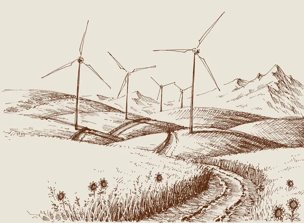 Windmolens Heuvels Landschap — Stockvector