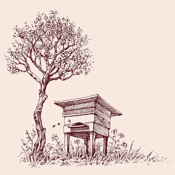 盛开的树下的蜂巢 — 图库矢量图片