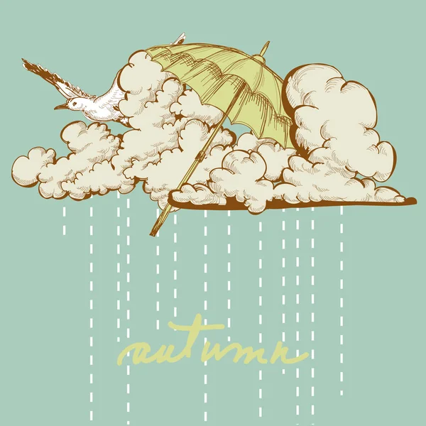 Fond Automne Parapluie Volant Dans Ciel Nuages Pluie — Image vectorielle