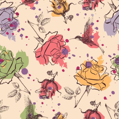 Roses and colibri seamless pattern clipart
