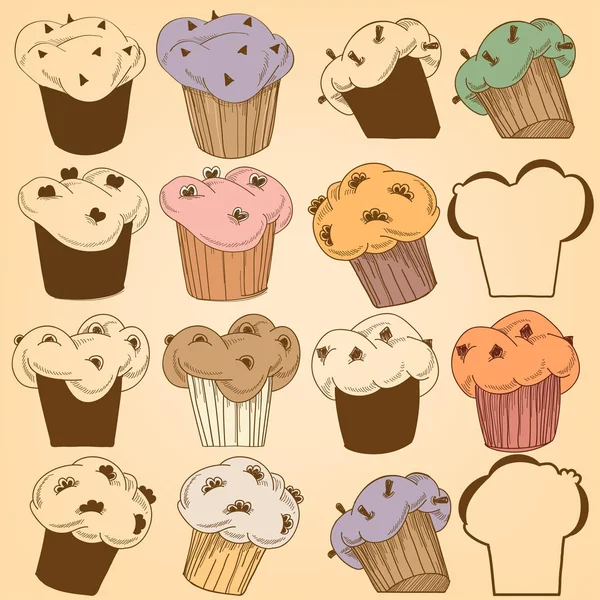 Conjunto Cupcakes Muffins Chocolate Chips — Vetor de Stock