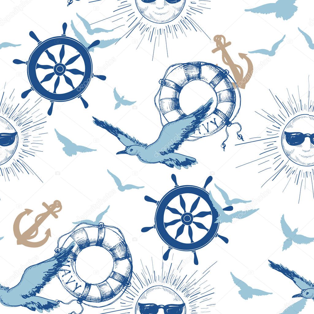 Navy seamless pattern, marine design elements