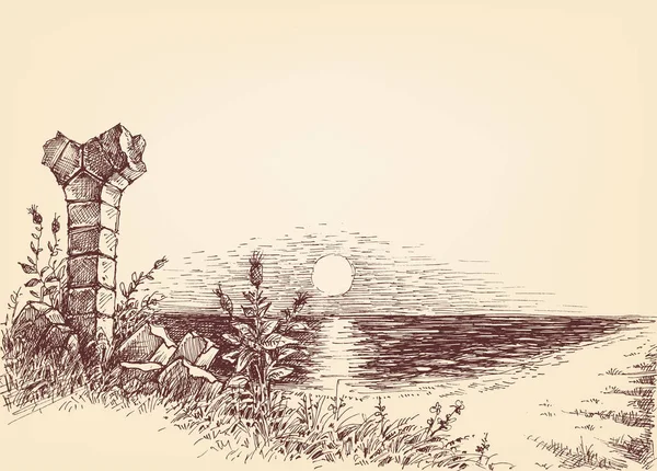 Zonsopgang Het Idyllische Landschap Van Strand Tekening — Stockvector