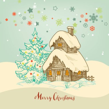 Noel pastoral kartı, kar ve Noel ağacı küçük ev
