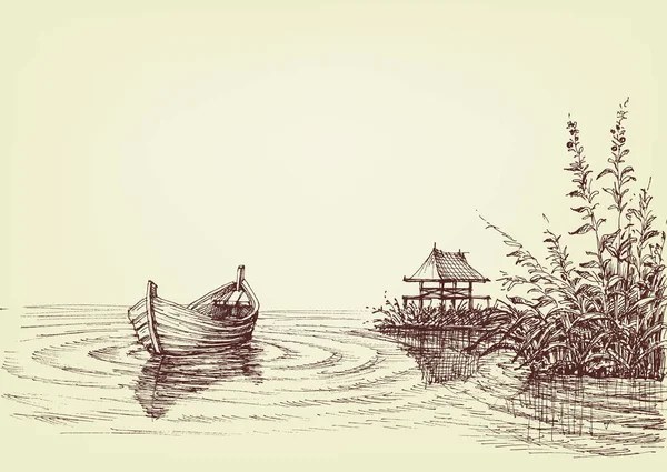 空的小船在水波浪 香蒲和渔场在岸上 — 图库矢量图片