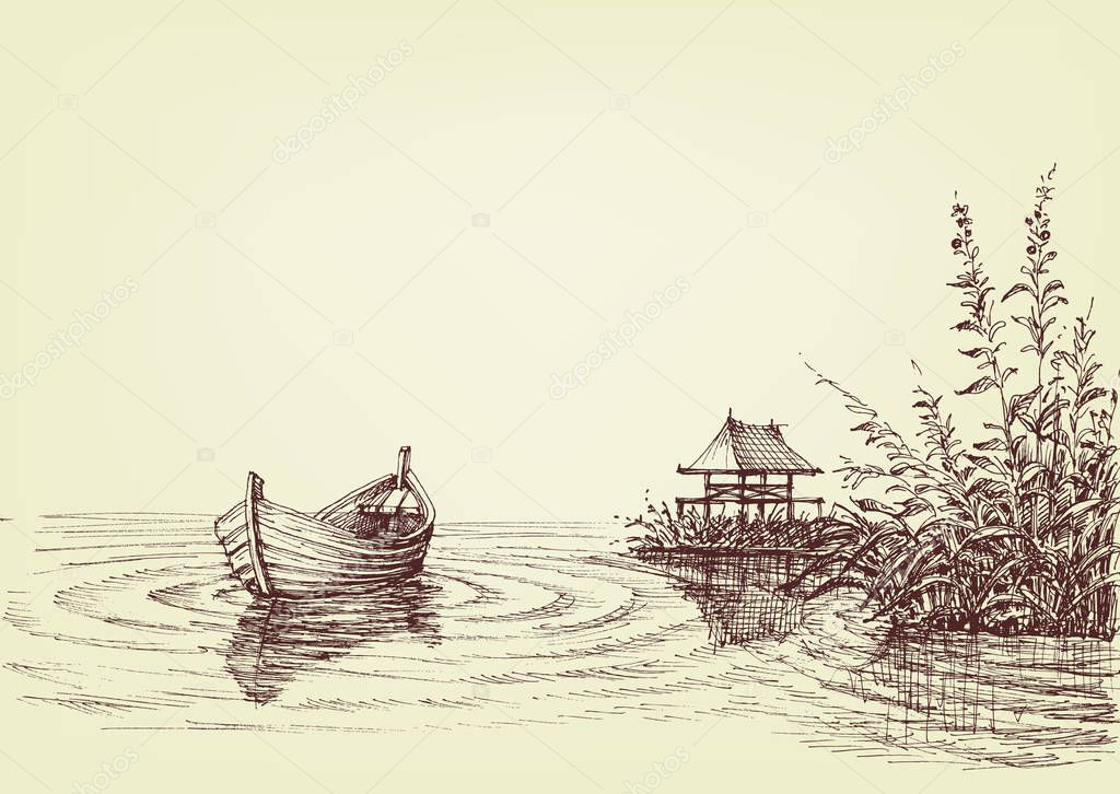 Lake drawing, empty boat on water ripples, cattail and fishery on shore