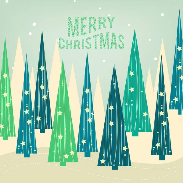 Kerstkaart Dennenbos Versierde Bomen Merry Christmas Belettering — Stockvector