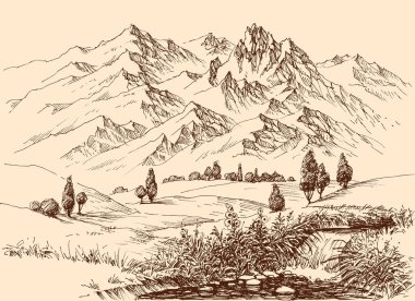 Dağlar panorama el çizimi. Seyahat veya doğa arka plan Turizm