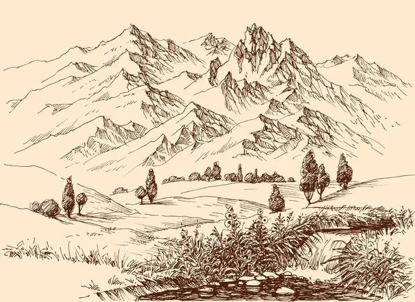 山のパノラマの手描き 旅行や観光 自然の背景 — ストックベクタ