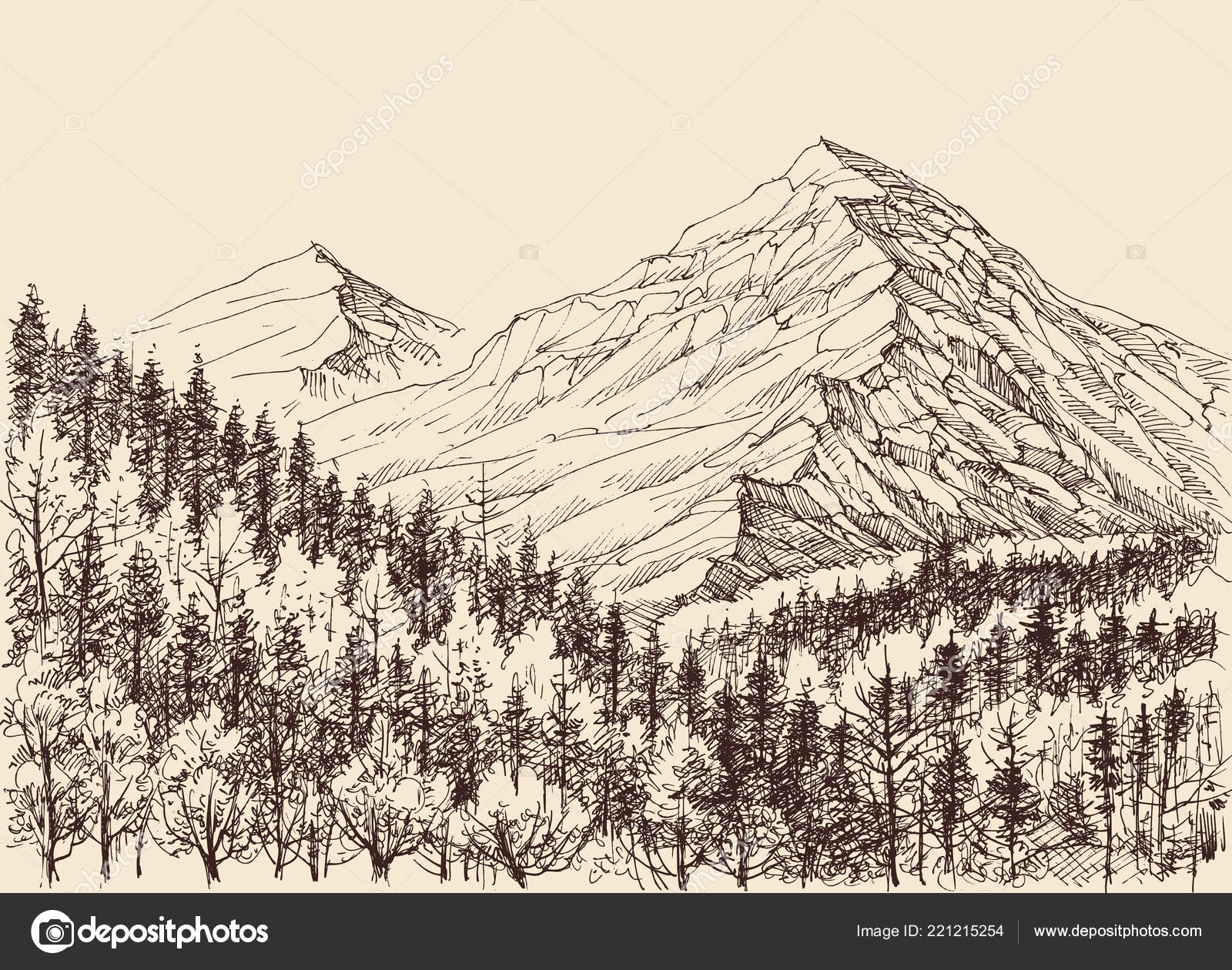 Black and white pen drawing. Mountains, snow, moon, night, forest, wood,  trees, house, cabin, nature, chimn… | Pen drawing, Mountain drawing simple,  Forrest drawing
