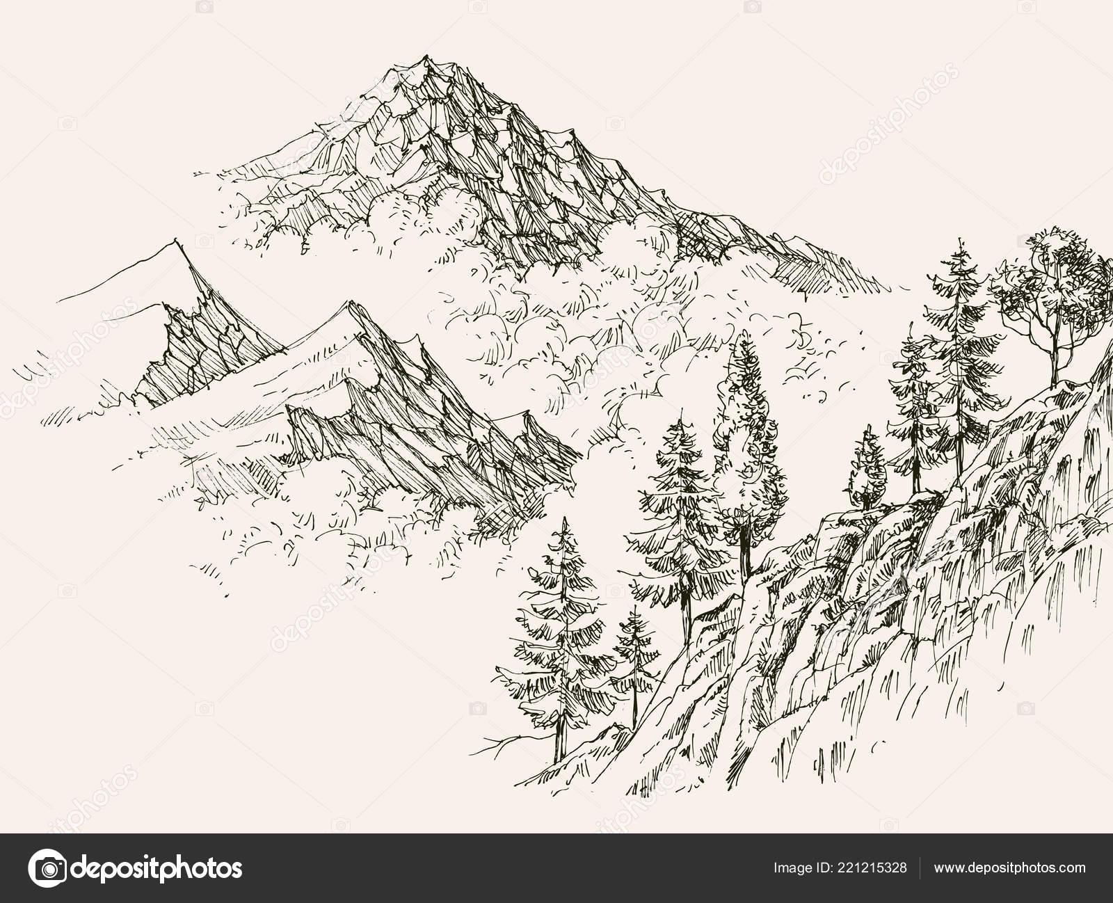 Alpine Sketch Mountain Ranges Coniferous Vegetation — Stock Vector
