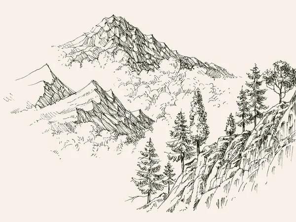 Sketsa Alpen Pegunungan Dan Vegetasi Konifer - Stok Vektor