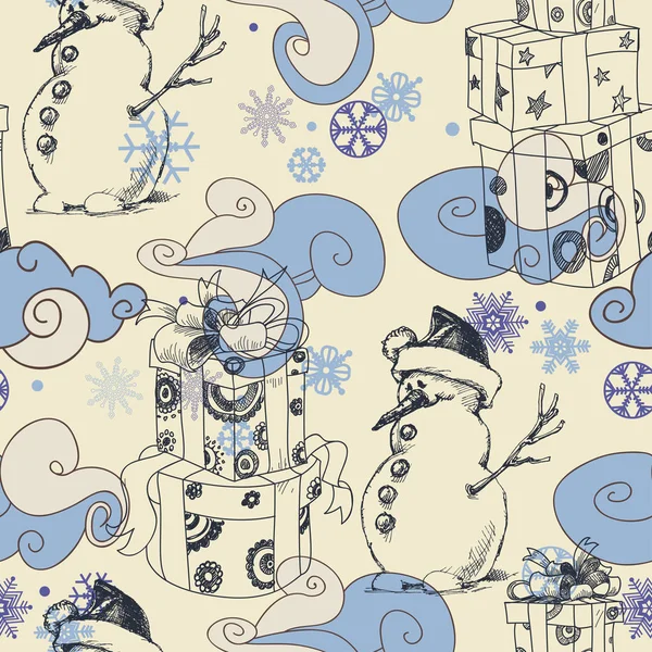 Симпатичный Рождественский Бесшовный Узор Облака Снежинки Снеговик Подарки — стоковый вектор