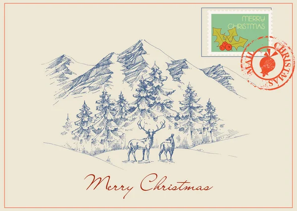 Vánoční Pohlednice Stylu Vintage Zimní Scény Hor Lesů Pozadí — Stockový vektor