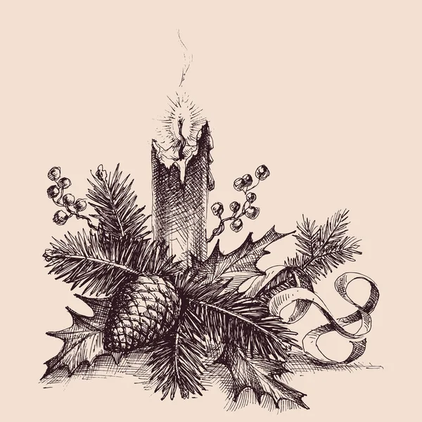 Adornos navideños, ramitas de pino y velas encendidas — Vector de stock