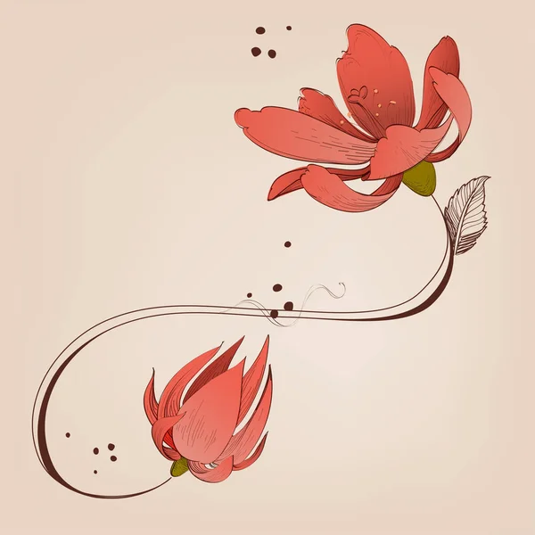 Ornement Floral Tourbillonnant Motif Fleurs Rouges Corail — Image vectorielle