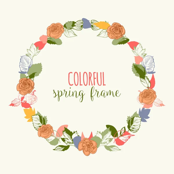 Spring Frame Bright Colors Flowers Leaf Seasonal Wreath — Stock Vector