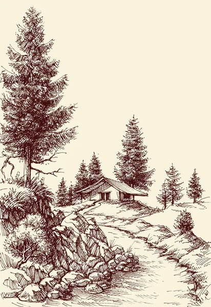 田园诗般的风景手绘 一条通往房子素描的小路 — 图库矢量图片