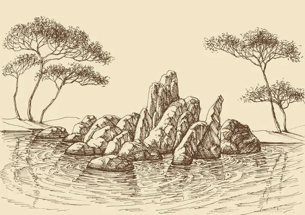 海の手描きで岩の自然の壁紙 — ストックベクタ
