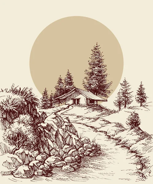 Paisaje Vector Dibujo Mano Salida Del Sol Fondo — Archivo Imágenes Vectoriales