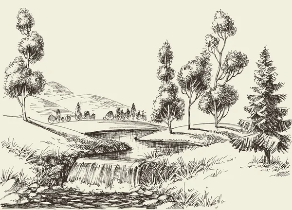 Paisaje Fluvial Fondo Dibujado Mano Naturaleza — Archivo Imágenes Vectoriales
