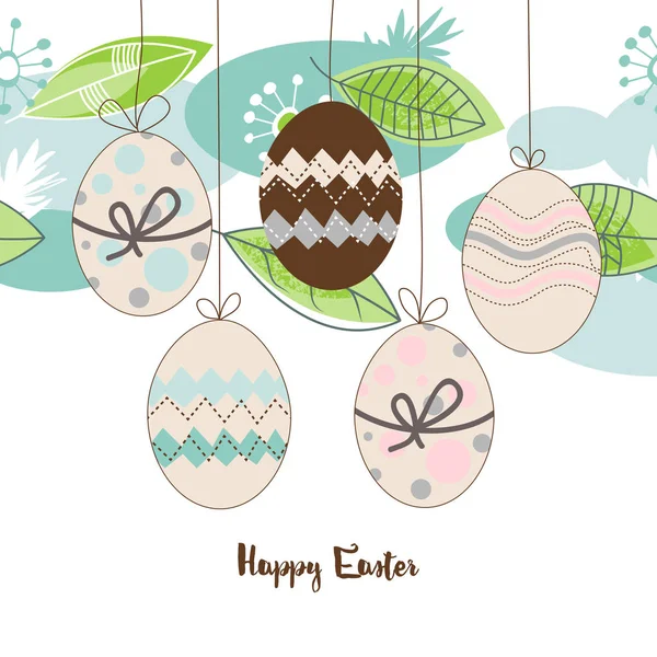 Ostern Saisonalen Hintergrund Hängende Dekorierte Eier Frühlingsblätter Und Blumen — Stockvektor