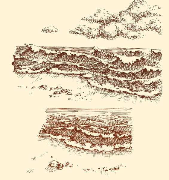 Conjunto de praia e vista mar, coleção de desenho — Vetor de Stock