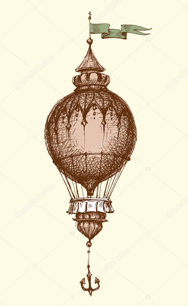 Hot air balloon vintage isolated hand drawing